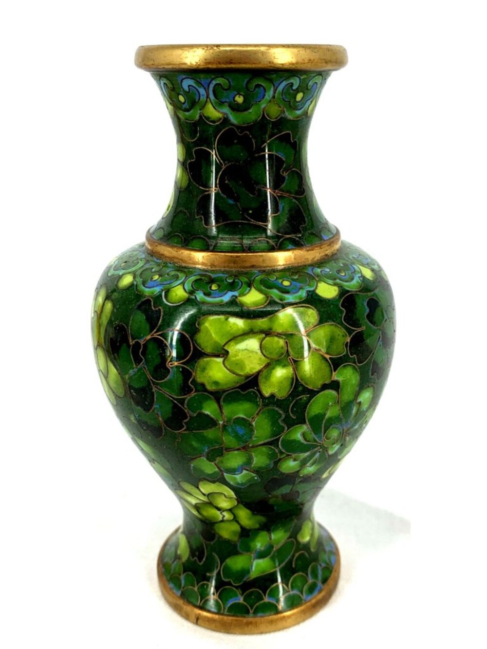 Cloisonne Vase Green Floral 5" Enamel over Brass Vintage - Picture 3 of 6